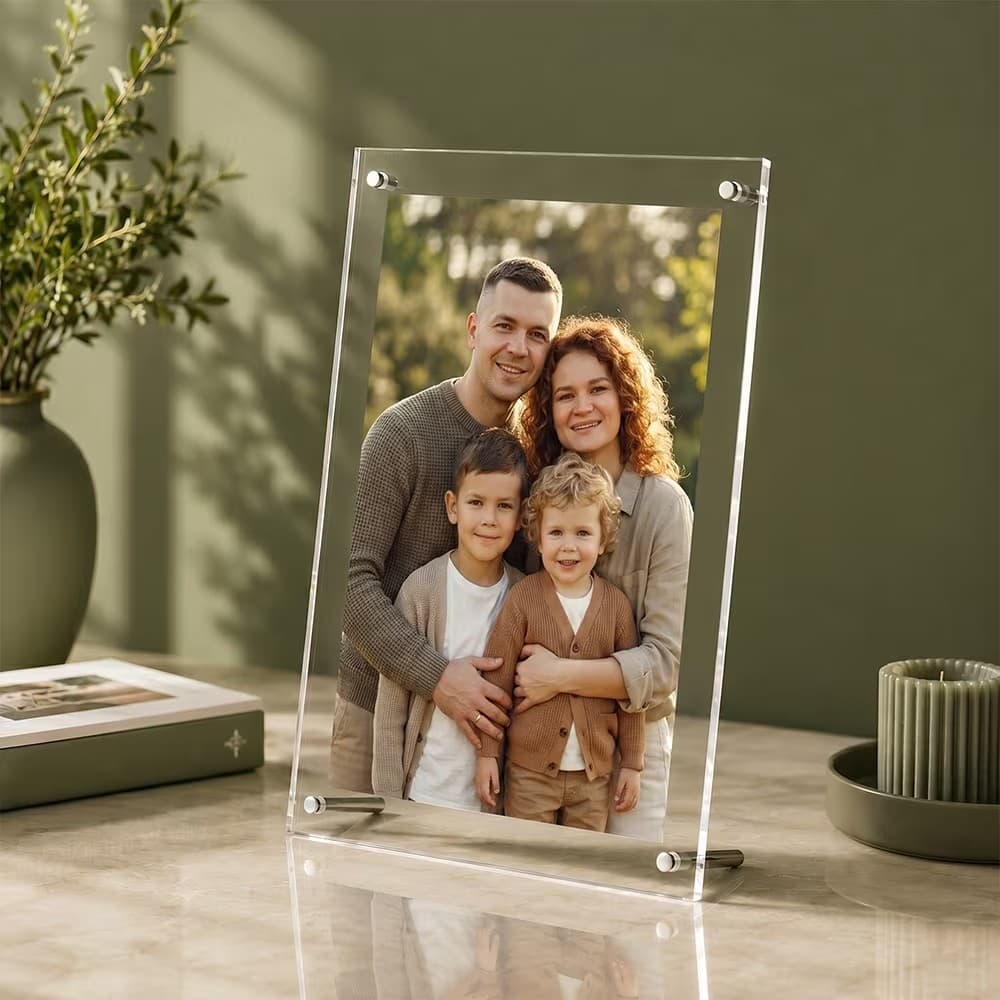 Personalized acrylic family photo frame with standoff mounts on a marble table